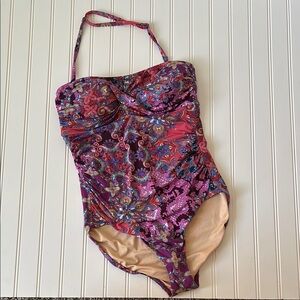 Garnet Hill | Women's Ruched Halter Boho Multicolor One Piece Swimsuit Size 10